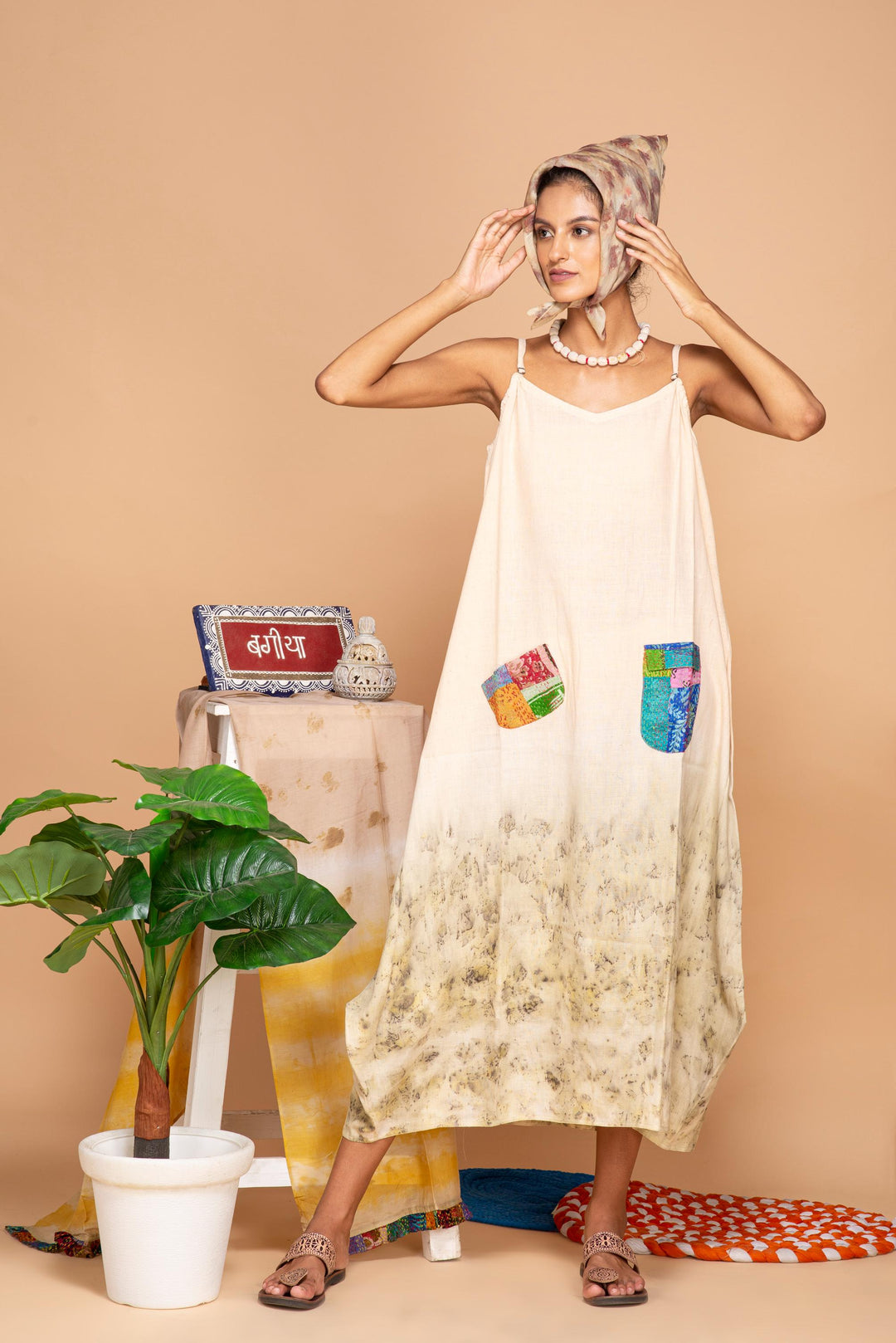 Bageeya “Tulip” Natural Dyed Khadi Organic Cotton Strap Dress| Crafted with Sacred Temple Rose