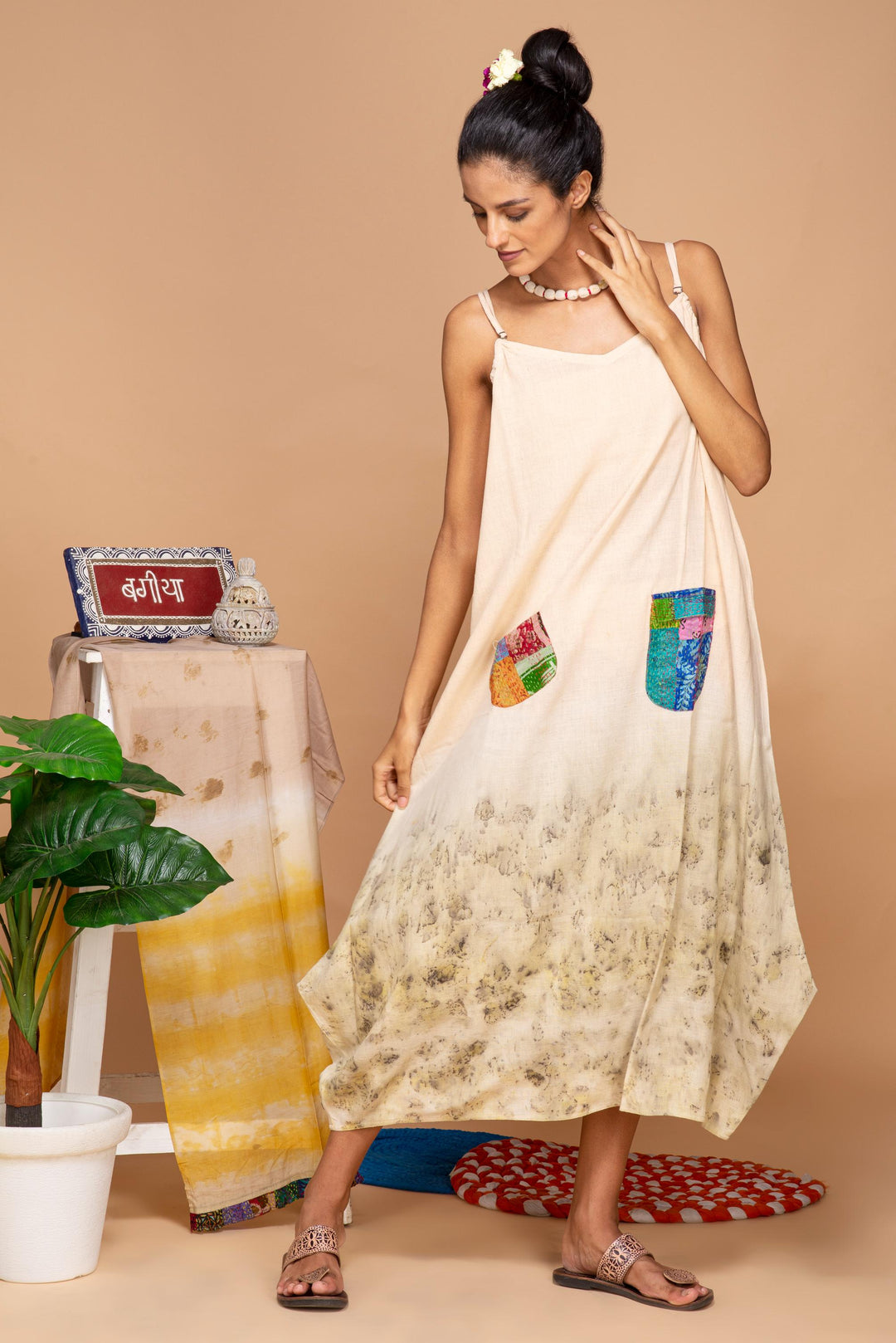 Bageeya “Tulip” Natural Dyed Khadi Organic Cotton Strap Dress| Crafted with Sacred Temple Rose