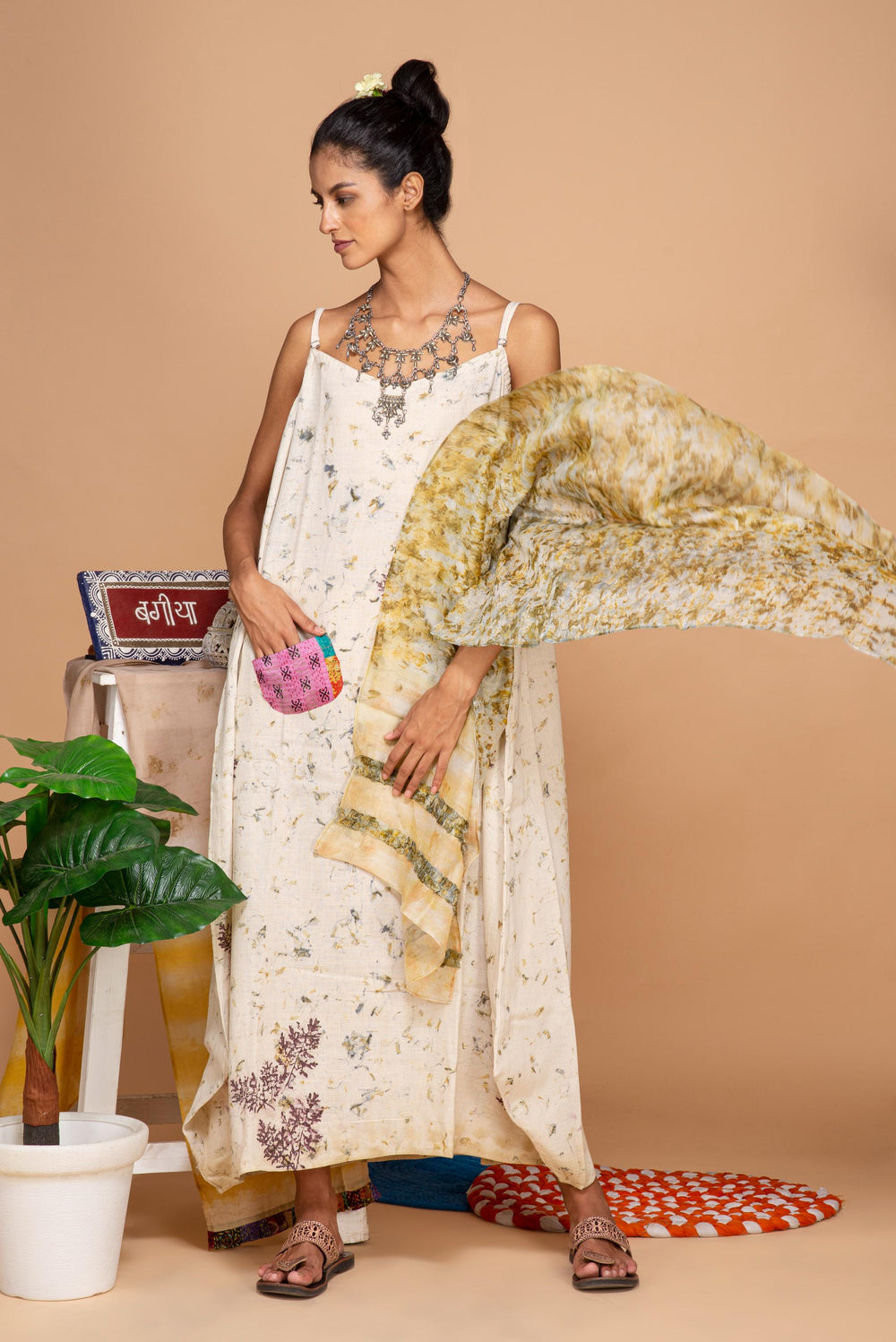 Bageeya “Solis” Natural Dyed Khadi Organic Cotton Strap Dress| Crafted with Sacred Temple Marigolds