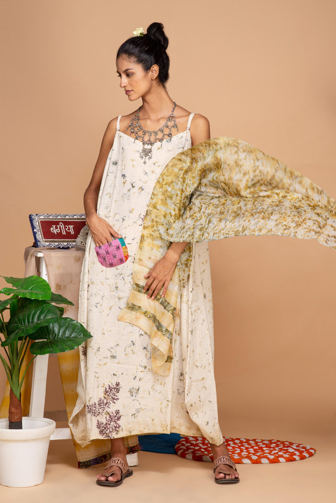 Bageeya “Solis” Natural Dyed Khadi Organic Cotton Strap Dress| Crafted with Sacred Temple Marigolds