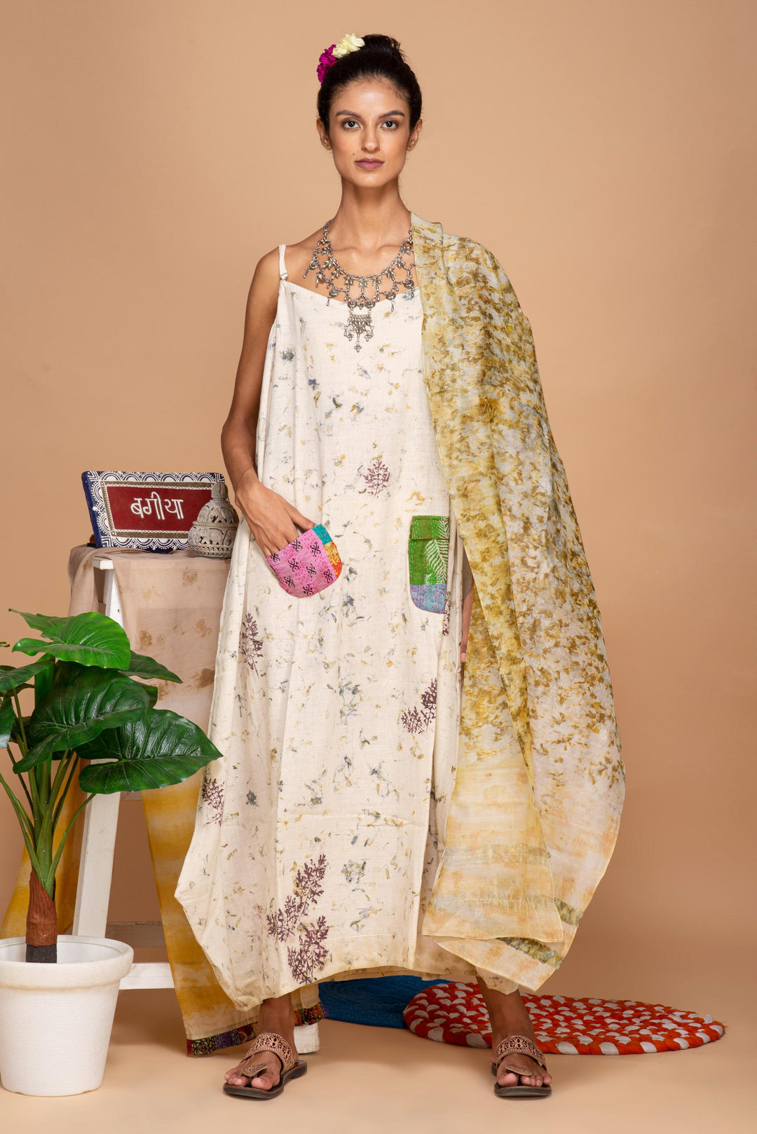 Bageeya “Solis” Natural Dyed Khadi Organic Cotton Strap Dress| Crafted with Sacred Temple Marigolds