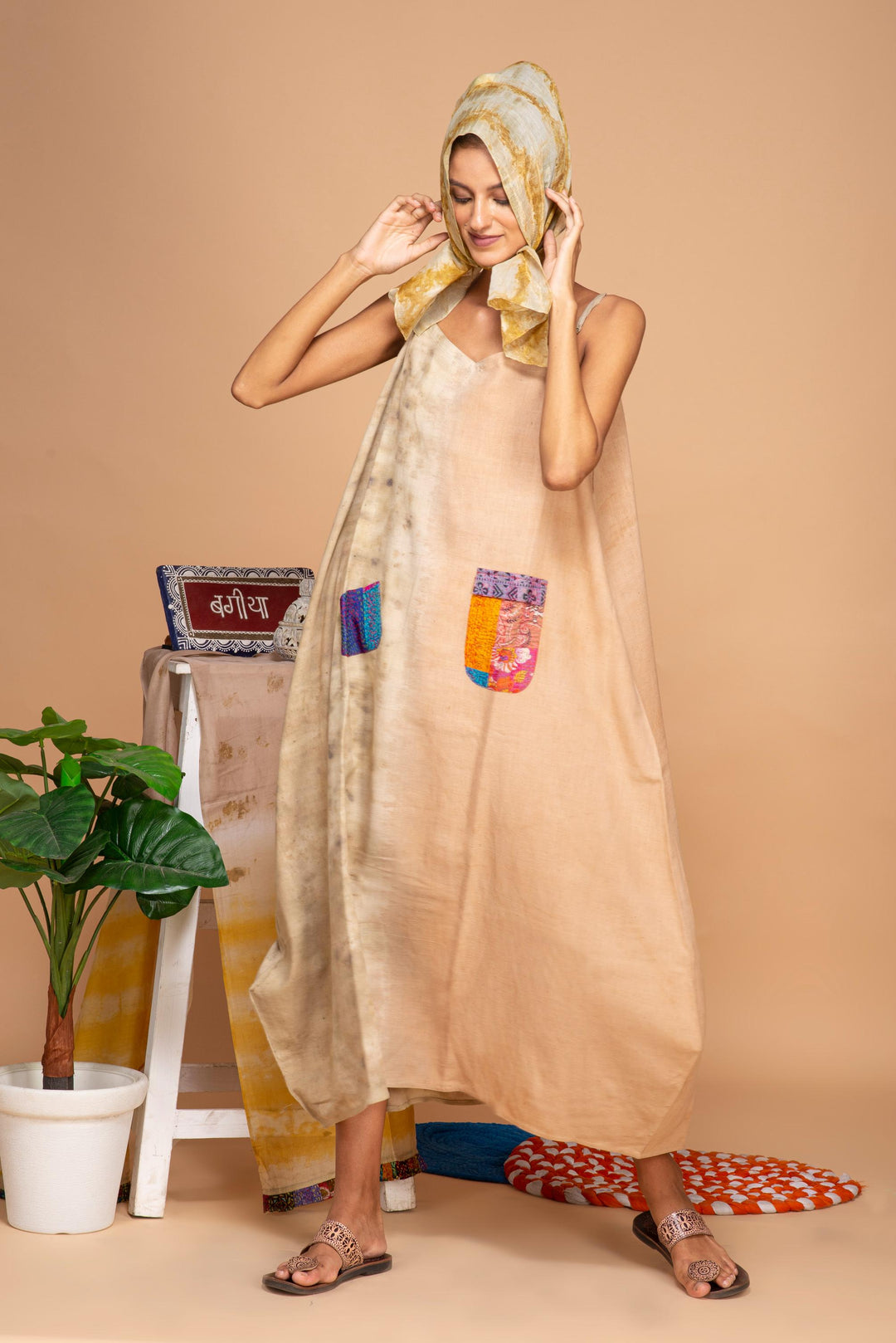 Bageeya “Hibiscus” Natural Dyed Khadi Organic Cotton Strap Dress| Crafted with Sacred Temple Rose and Catechu