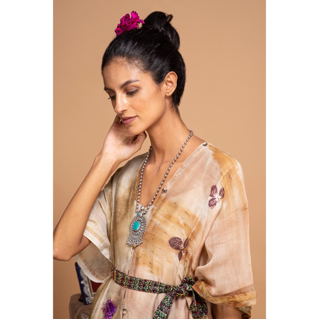 "Bageeya “Peony” Natural Dyed Khadi  Organic Cotton Strap Dress | Crafted with Wilds leaves and walnut"