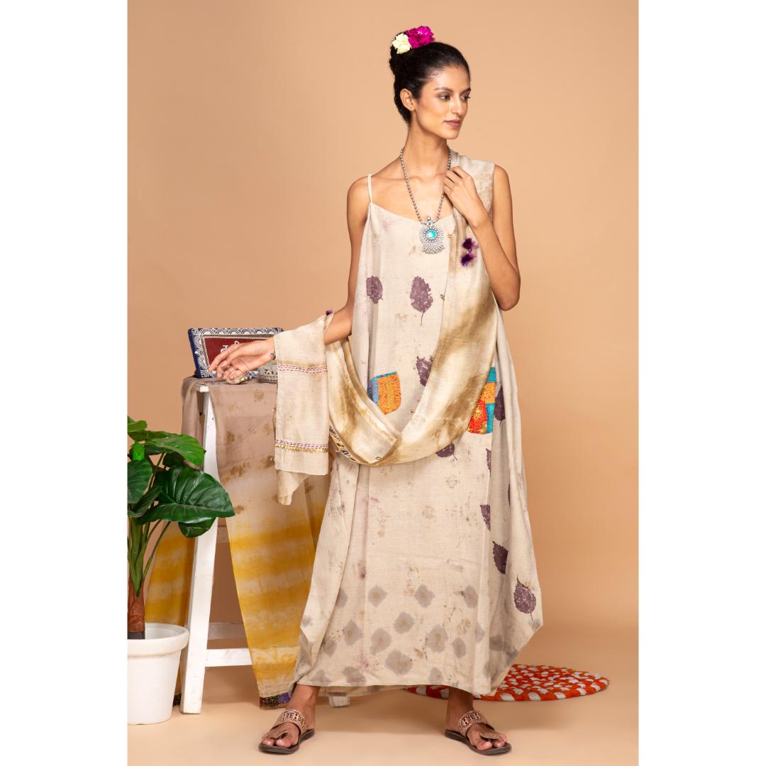 "Bageeya “Peony” Natural Dyed Khadi  Organic Cotton Strap Dress | Crafted with Wilds leaves and walnut"