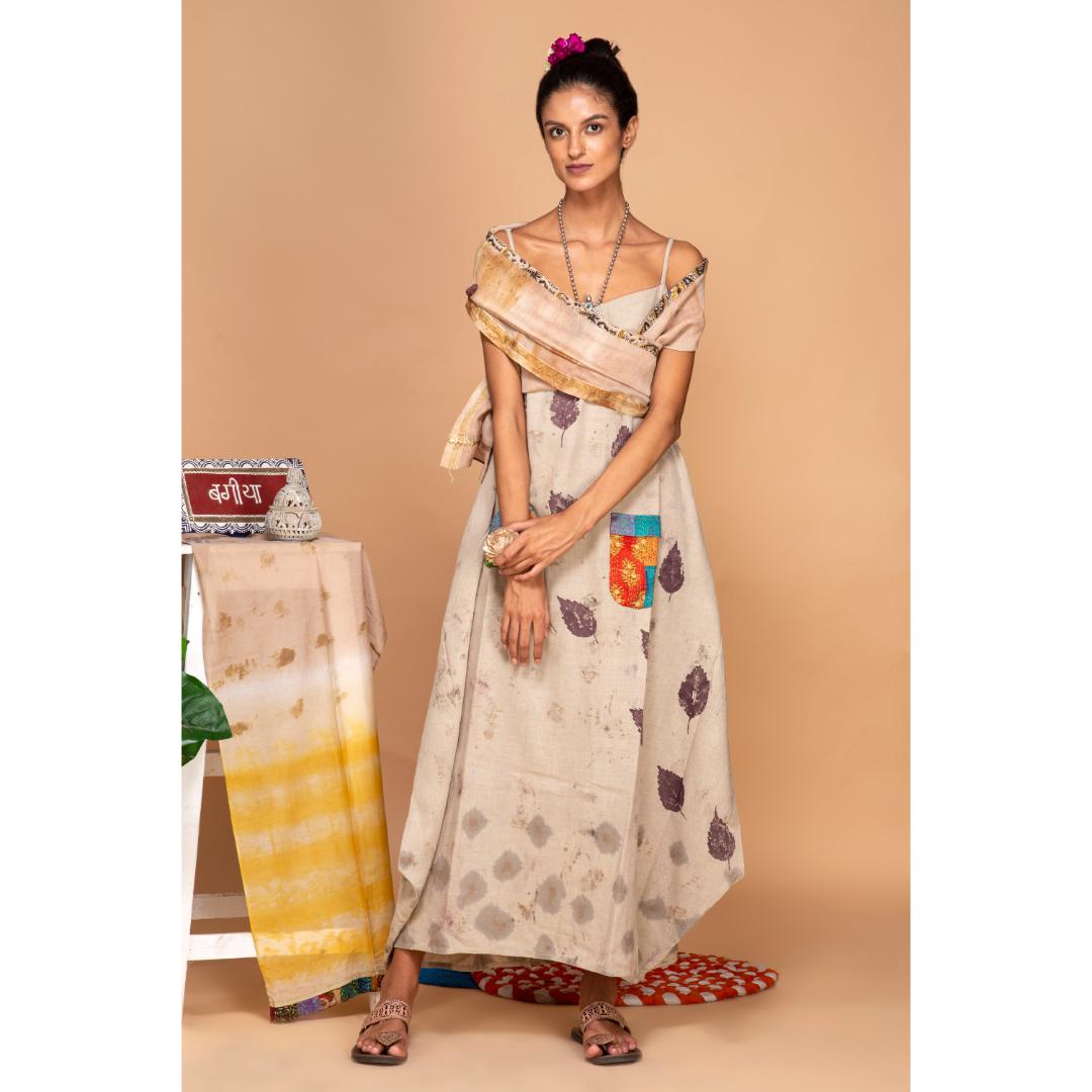 "Bageeya “Peony” Natural Dyed Khadi  Organic Cotton Strap Dress
|Crafted with Wilds leaves and walnut"