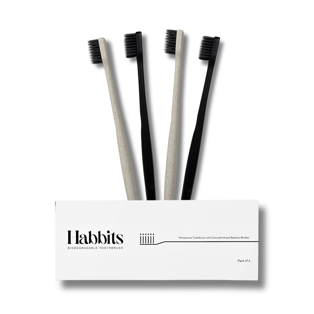 Habbits Teeth Whitening Powder & 4 Biodegradable Toothbrushes | Natural Oral Care Combo | Charcoal & N-HAp | Wheatstraw Handle Manual Toothbrush With Soft Bristle for Adults