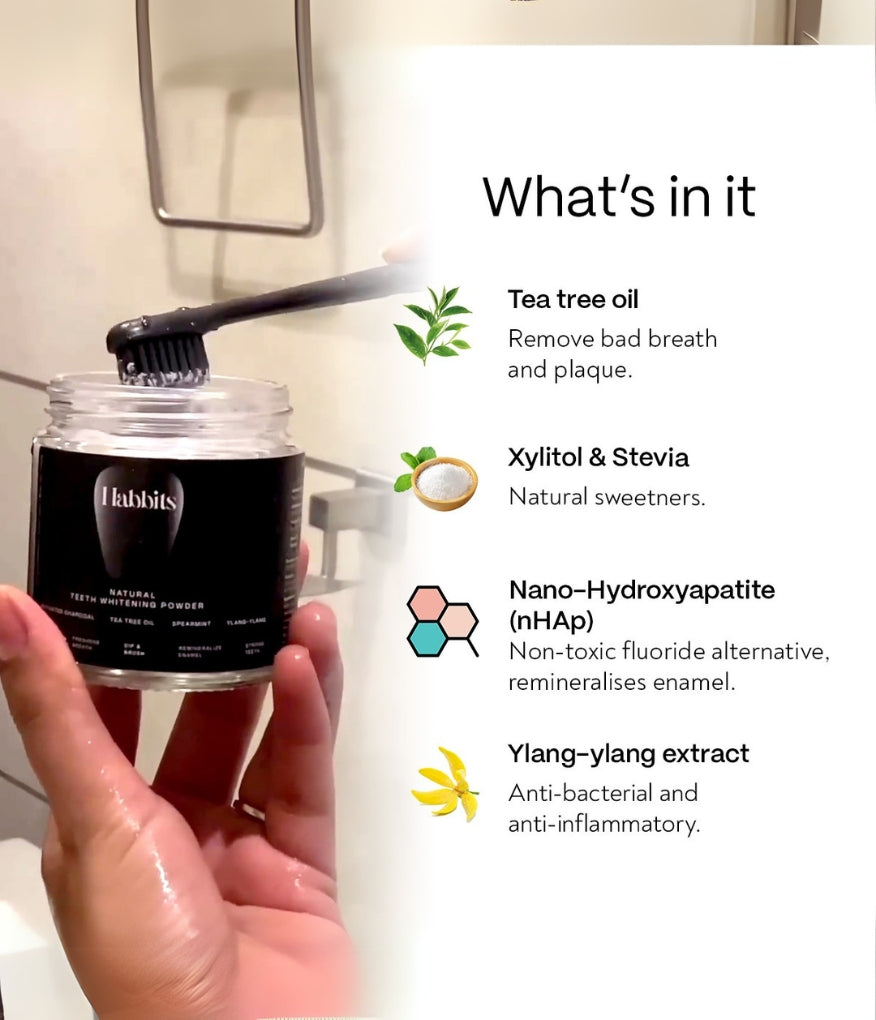 Habbits Teeth Whitening Powder & 4 Biodegradable Toothbrushes | Natural Oral Care Combo | Charcoal & N-HAp | Wheatstraw Handle Manual Toothbrush With Soft Bristle for Adults