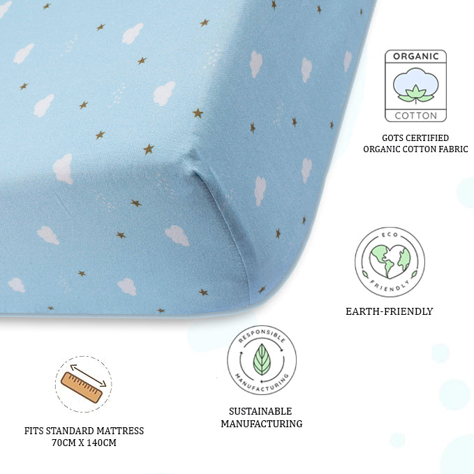 Tiny snooze organic fitted cot sheet- blue clouds