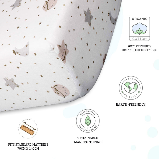 Tiny snooze organic fitted cot sheet- moon & stars