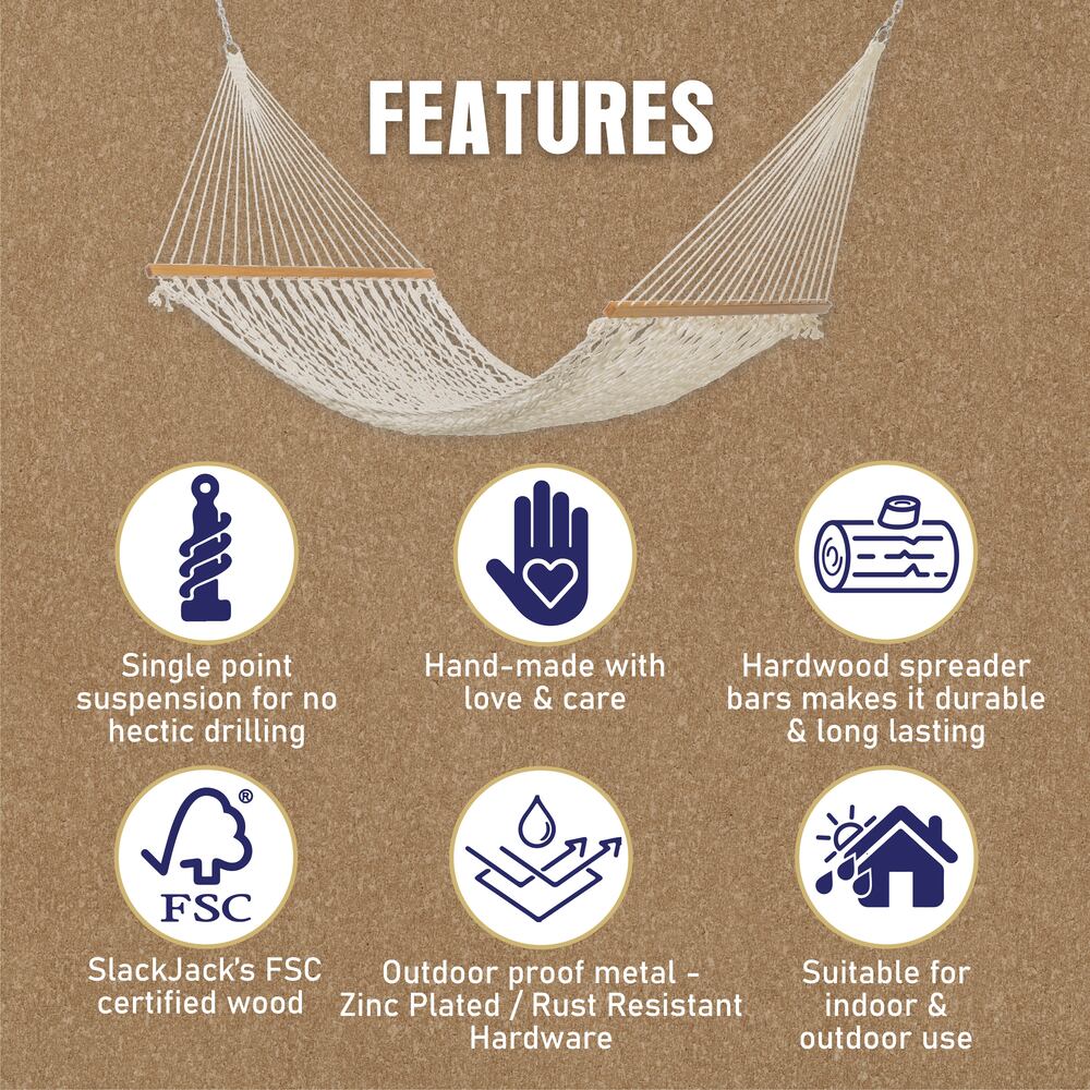 Slack Jack Cotton Rope Hammock for 1 Person | Jhula for Adults & Kids with Hardwood Spreader Bars | Swing for Home Decor, Balcony, Patio, Garden| Includes Free Hanging Accessory (Natural)