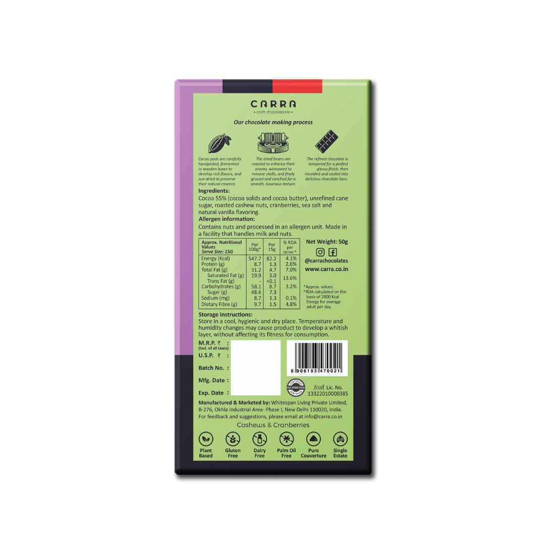 CARRA 55% Dark Chocolate Bars - Sea Salt & California Almonds, Cashews & Cranberries and Cashews & Biscotti (Pack of 3)