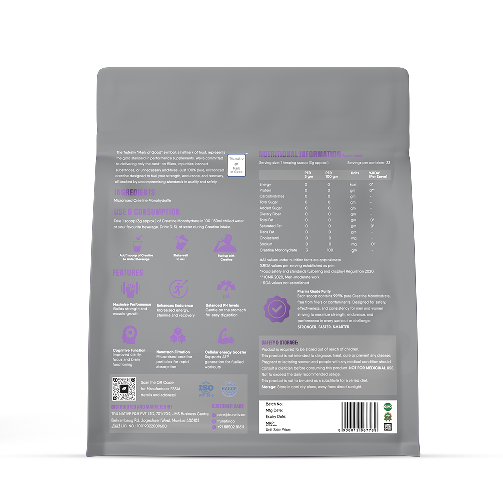 TruNativ Micronised Creatine | Unflavoured | Pure Creatine Monohydrate 100g | For Enhanced Strength & Fast-Absorbing | Recovery and Mental Focus | 100g , Vegetrarian