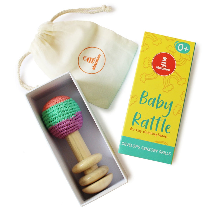 Shumee Organic Crochet Shaker Wooden Baby Rattle Toy