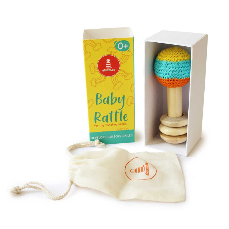 Shumee Organic Crochet Shaker Wooden Baby Rattle Toy