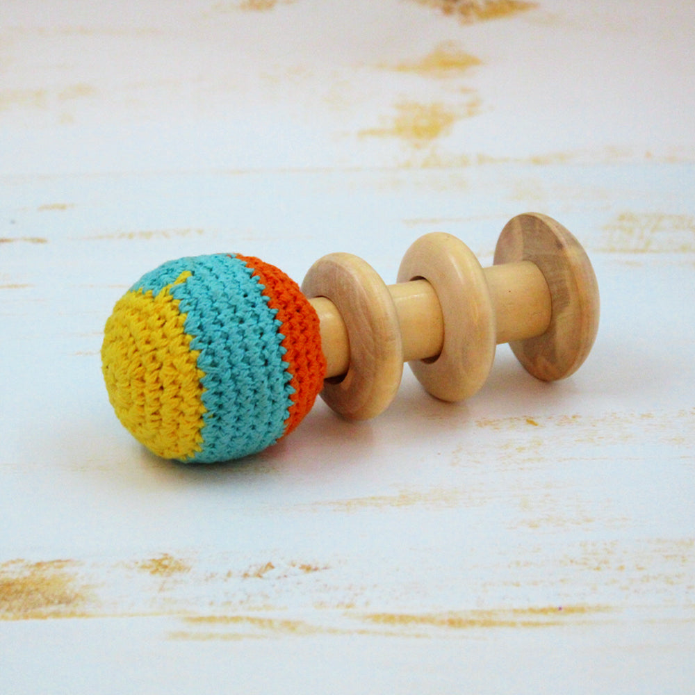 Shumee Organic Crochet Shaker Wooden Baby Rattle Toy