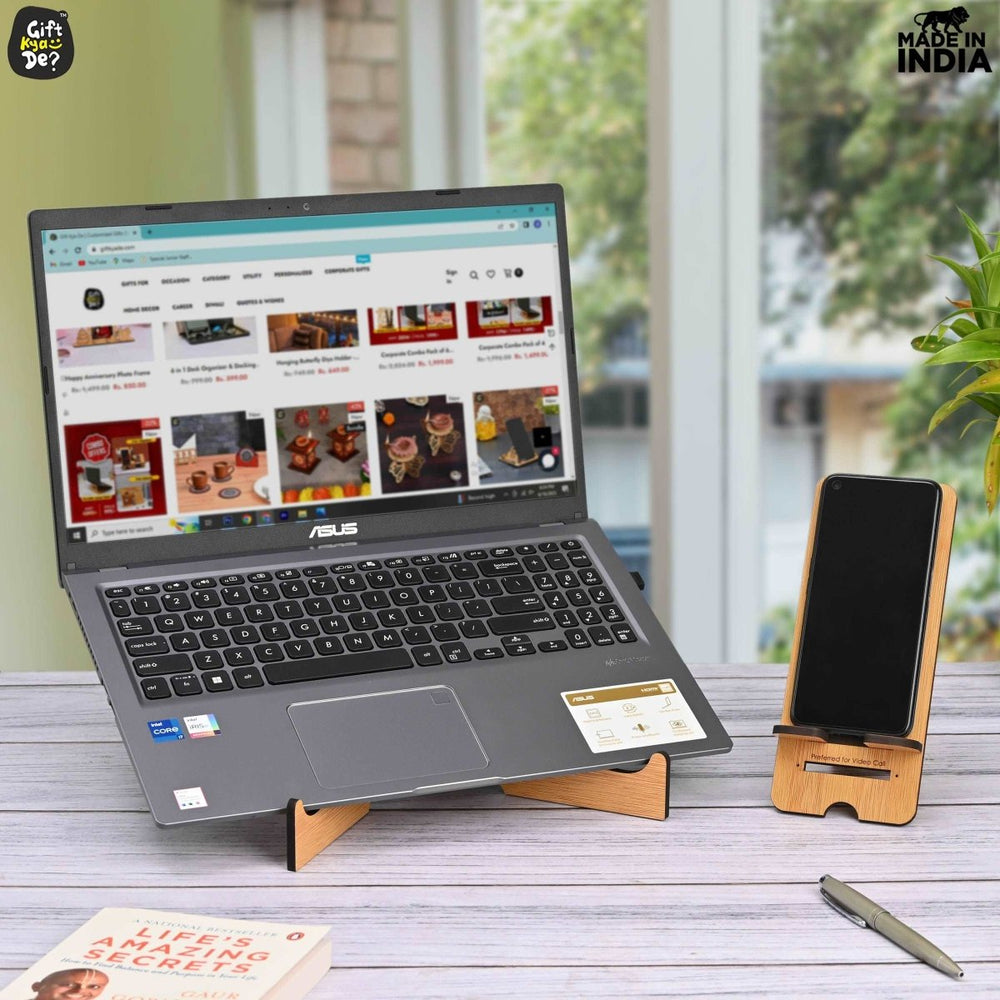 Gift Kya De Cross Laptop Stand For Desk With Mobile Stand | Portable Easy to Carry | Compatible with All (2 pc Combo Pack) (eco Friendly)