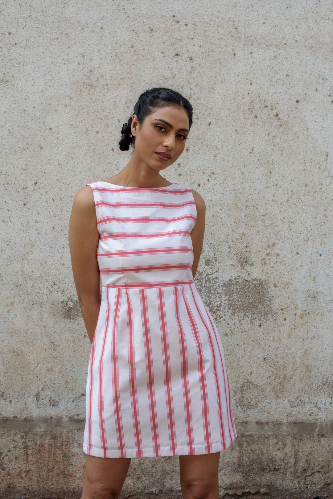 Anushé Pirani Scoop Back Dress | Handwoven Cotton | Red & White, Women&