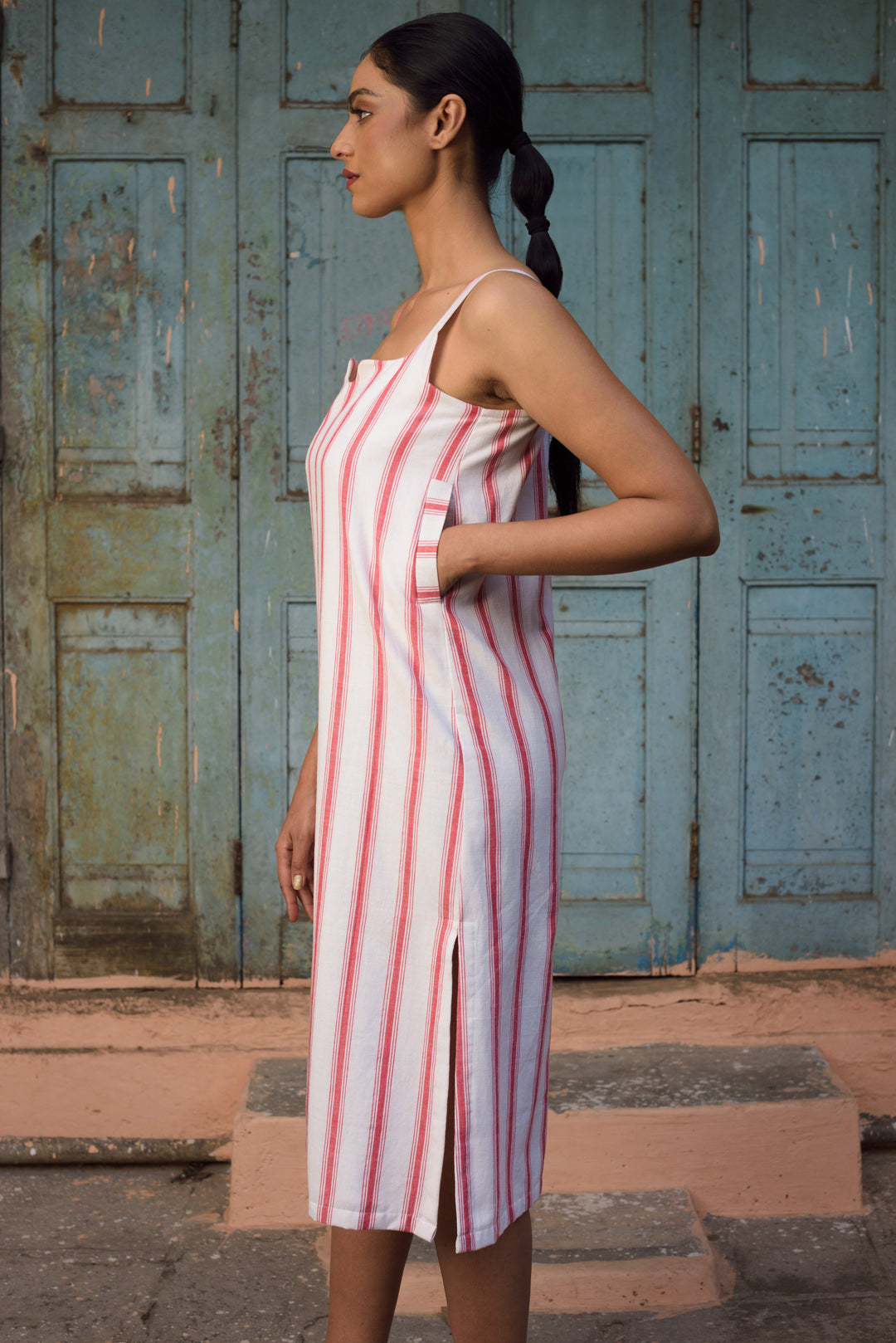 Anushé Pirani Slip Dress | Handwoven Cotton | Red & White, Women&