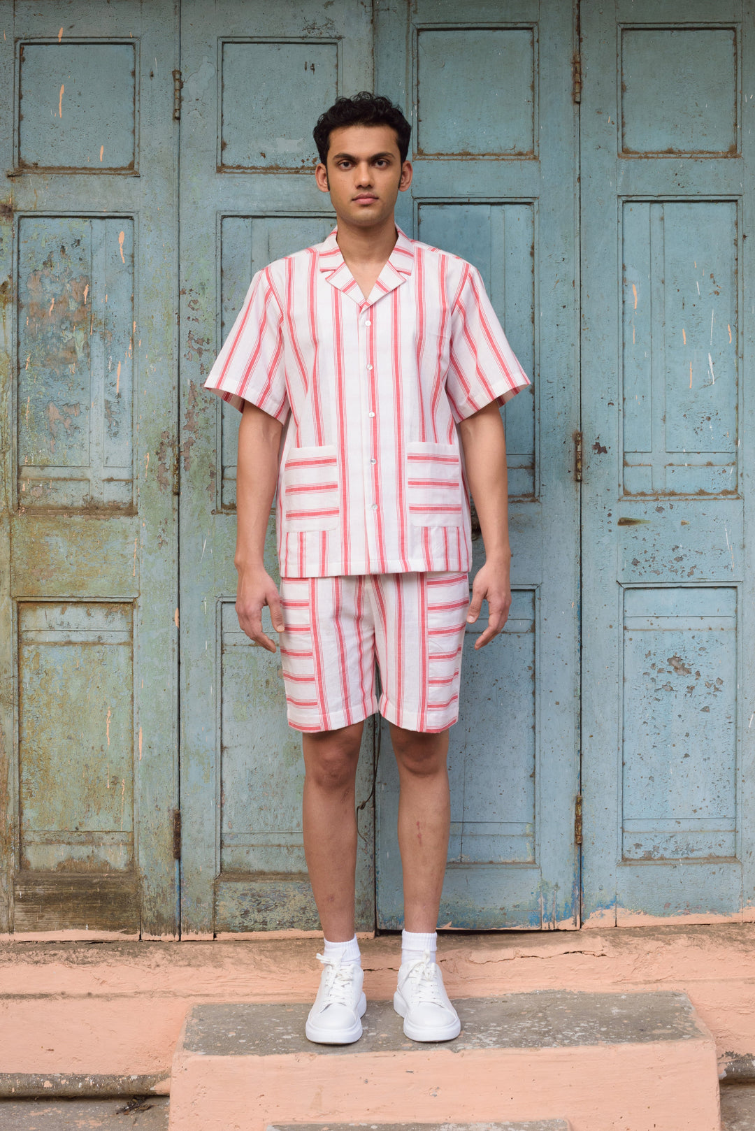 Anushé Pirani Camp Collar Shirt | Handwoven Cotton | Red & White, Men&