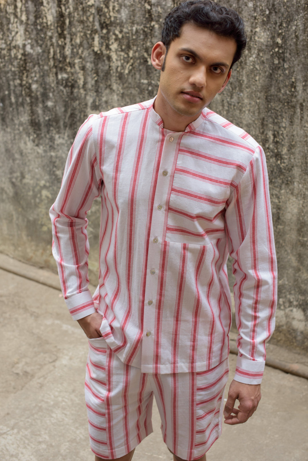 Anushé Pirani Mandarin Collar Shirt | Handwoven Cotton | Red & White, Men&