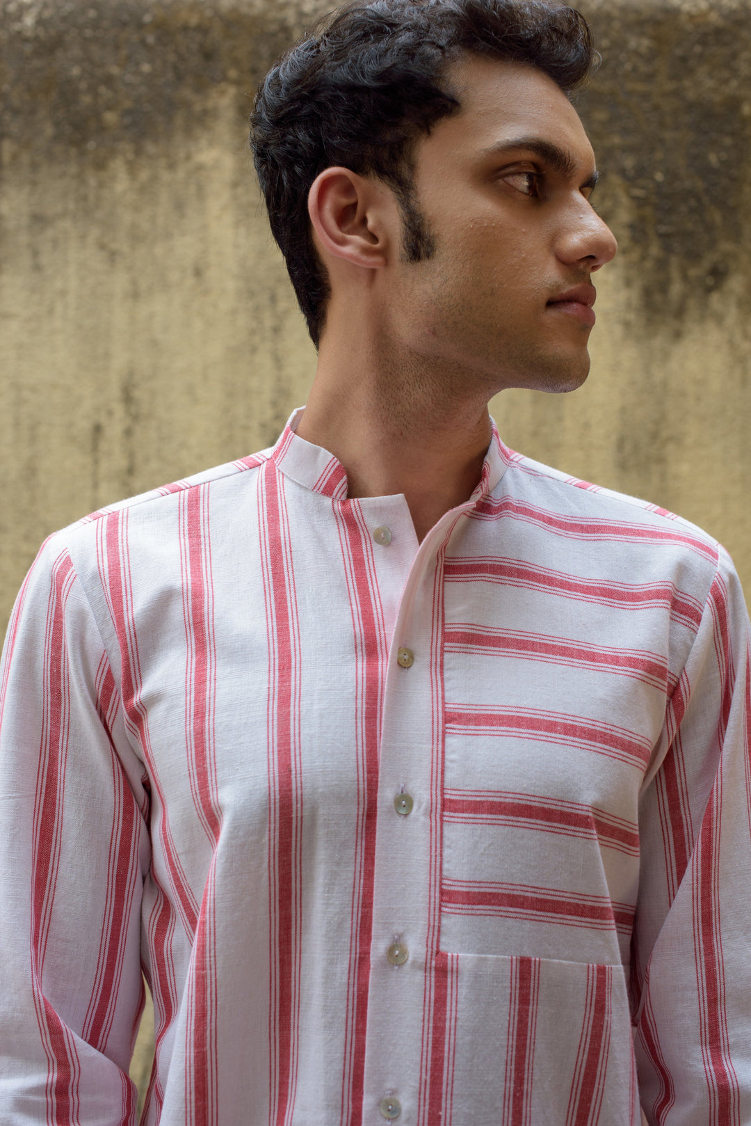 Anushé Pirani Mandarin Collar Shirt | Handwoven Cotton | Red & White, Men&