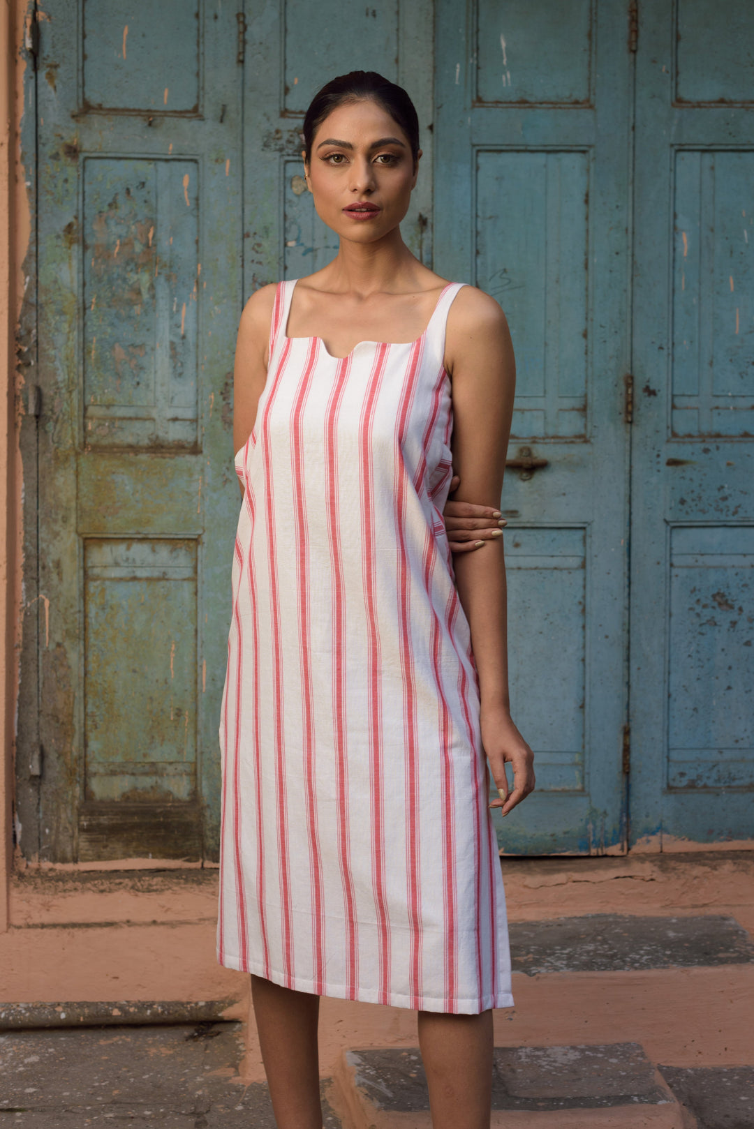 Anushé Pirani Slip Dress | Handwoven Cotton | Red & White, Women&
