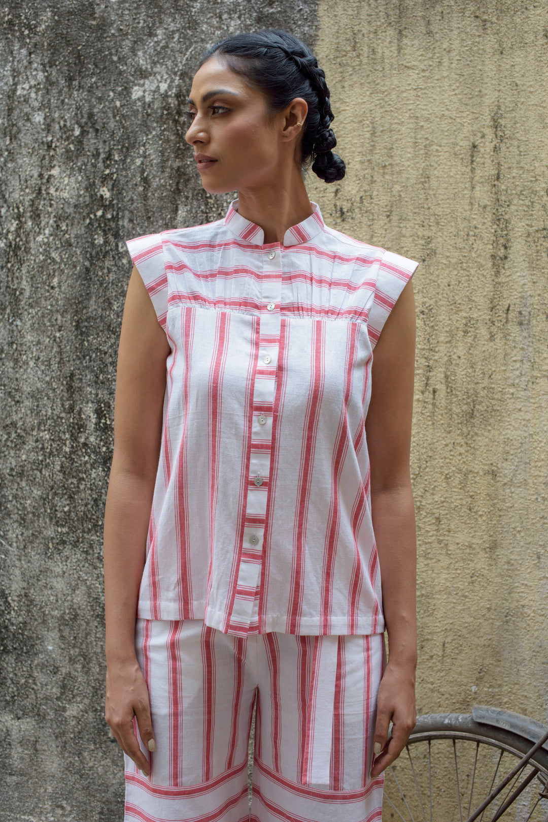 Anushé Pirani Mandarin Collar Shirt | Handwoven Cotton | Red & White, Women&