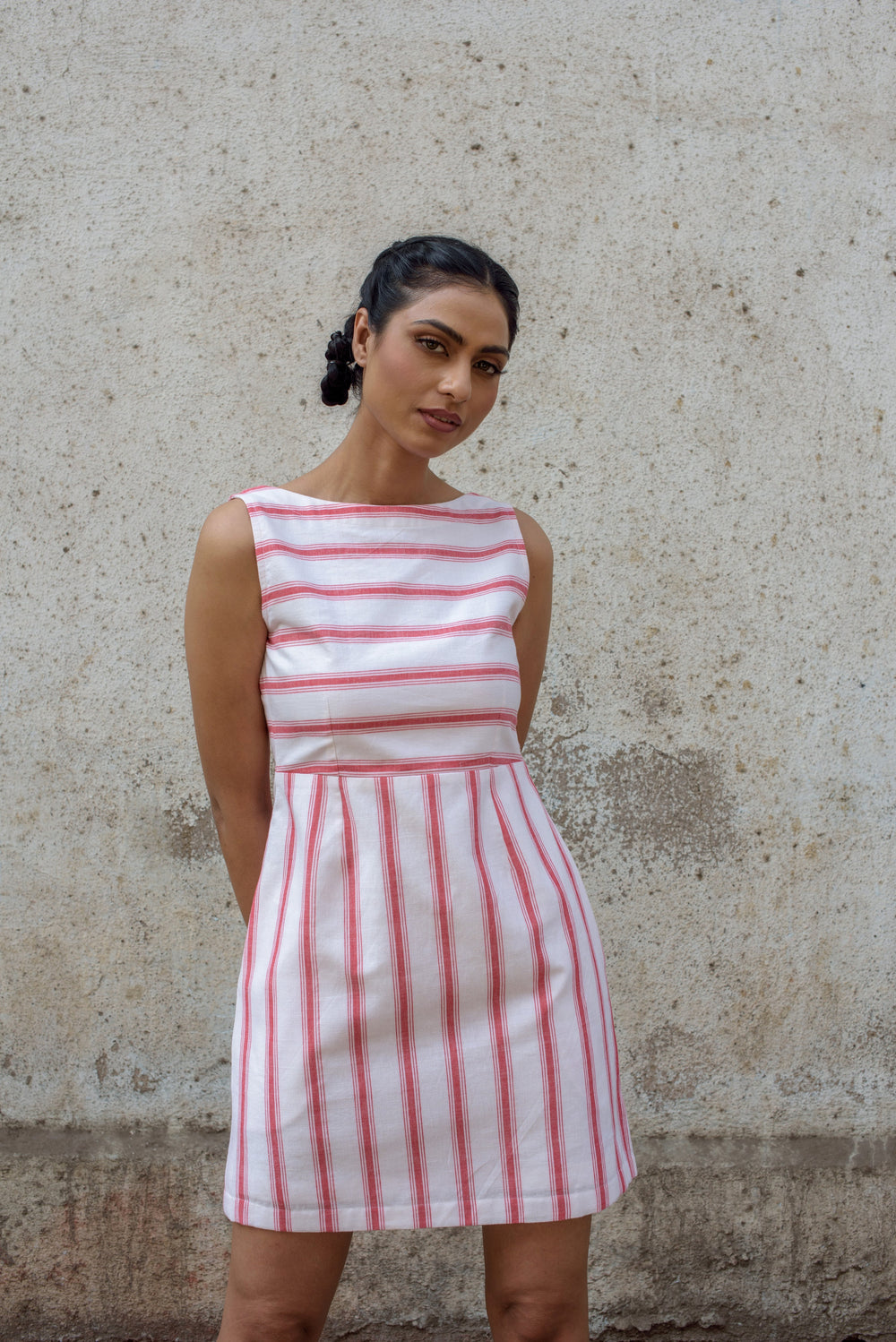 Anushé Pirani Scoop Back Dress | Handwoven Cotton | Red & White, Women's