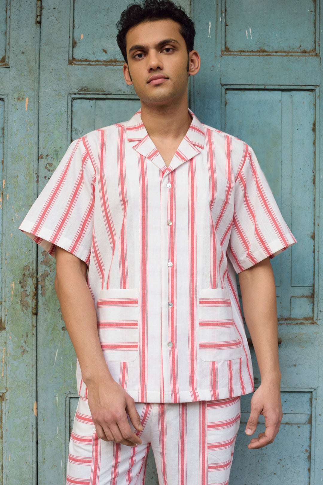 Anushé Pirani Camp Collar Shirt | Handwoven Cotton | Red & White, Men&
