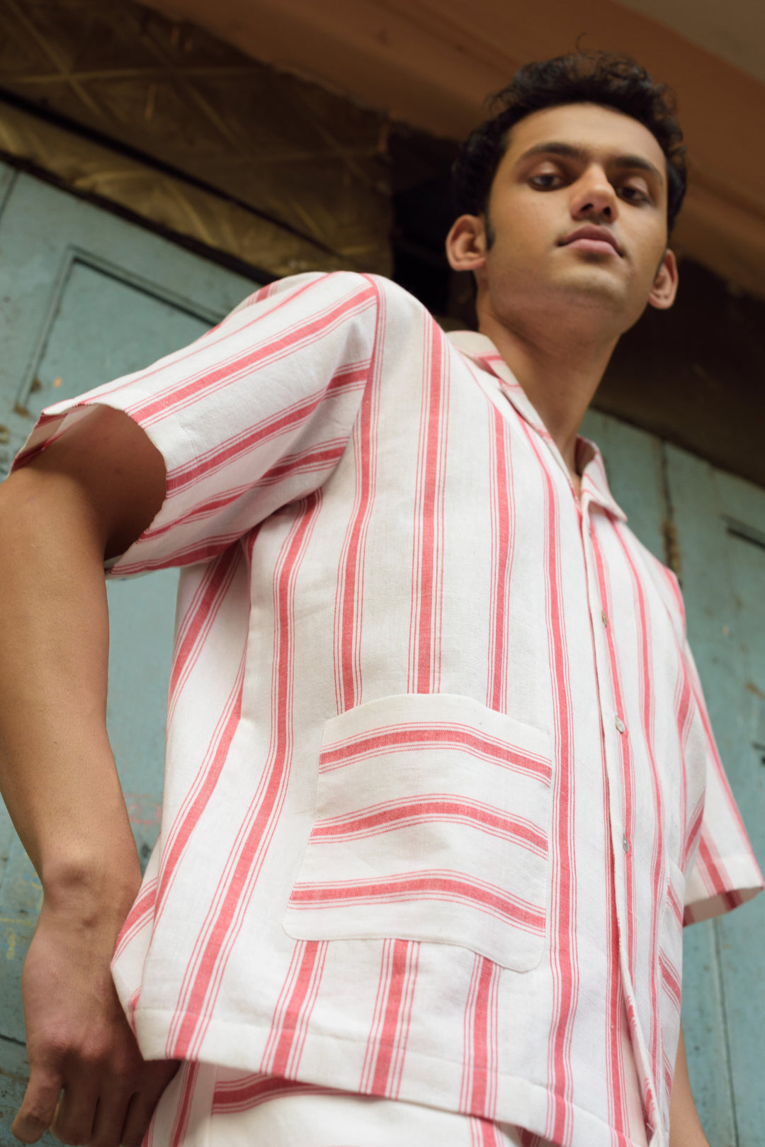 Anushé Pirani Camp Collar Shirt | Handwoven Cotton | Red & White, Men&