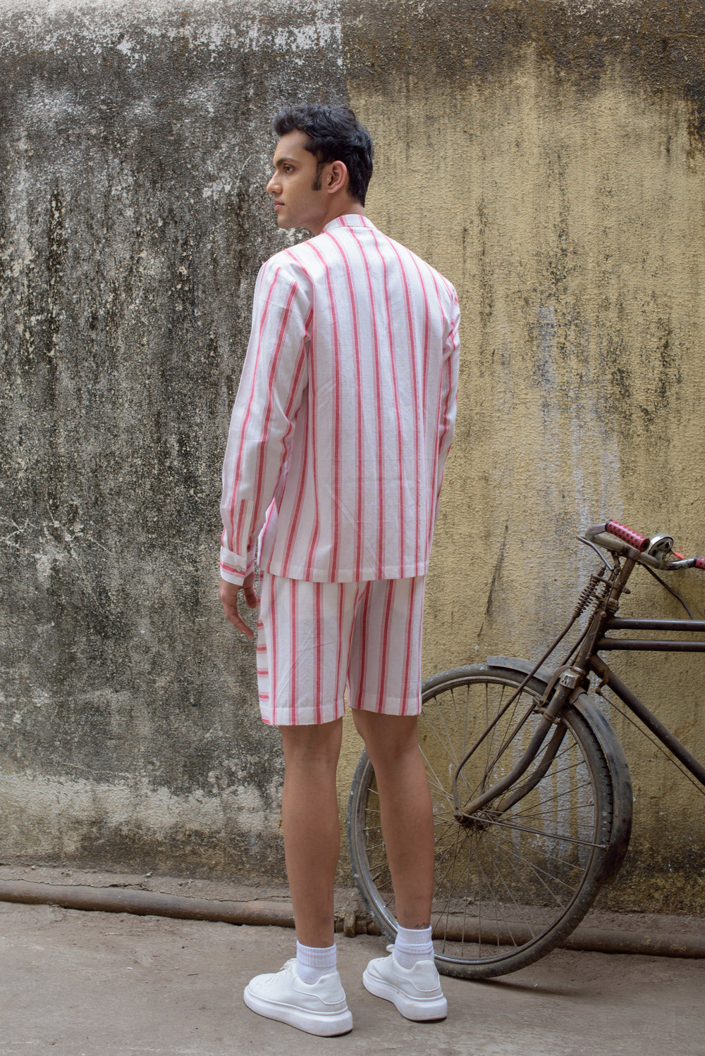 Anushé Pirani Mandarin Collar Shirt | Handwoven Cotton | Red & White, Men's