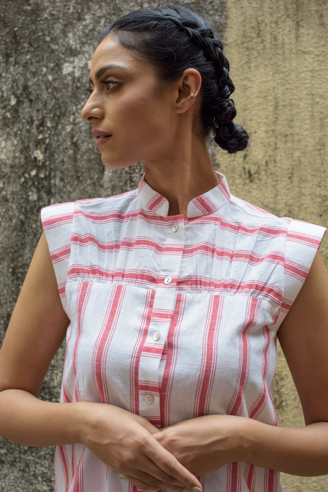 Anushé Pirani Mandarin Collar Shirt | Handwoven Cotton | Red & White, Women&