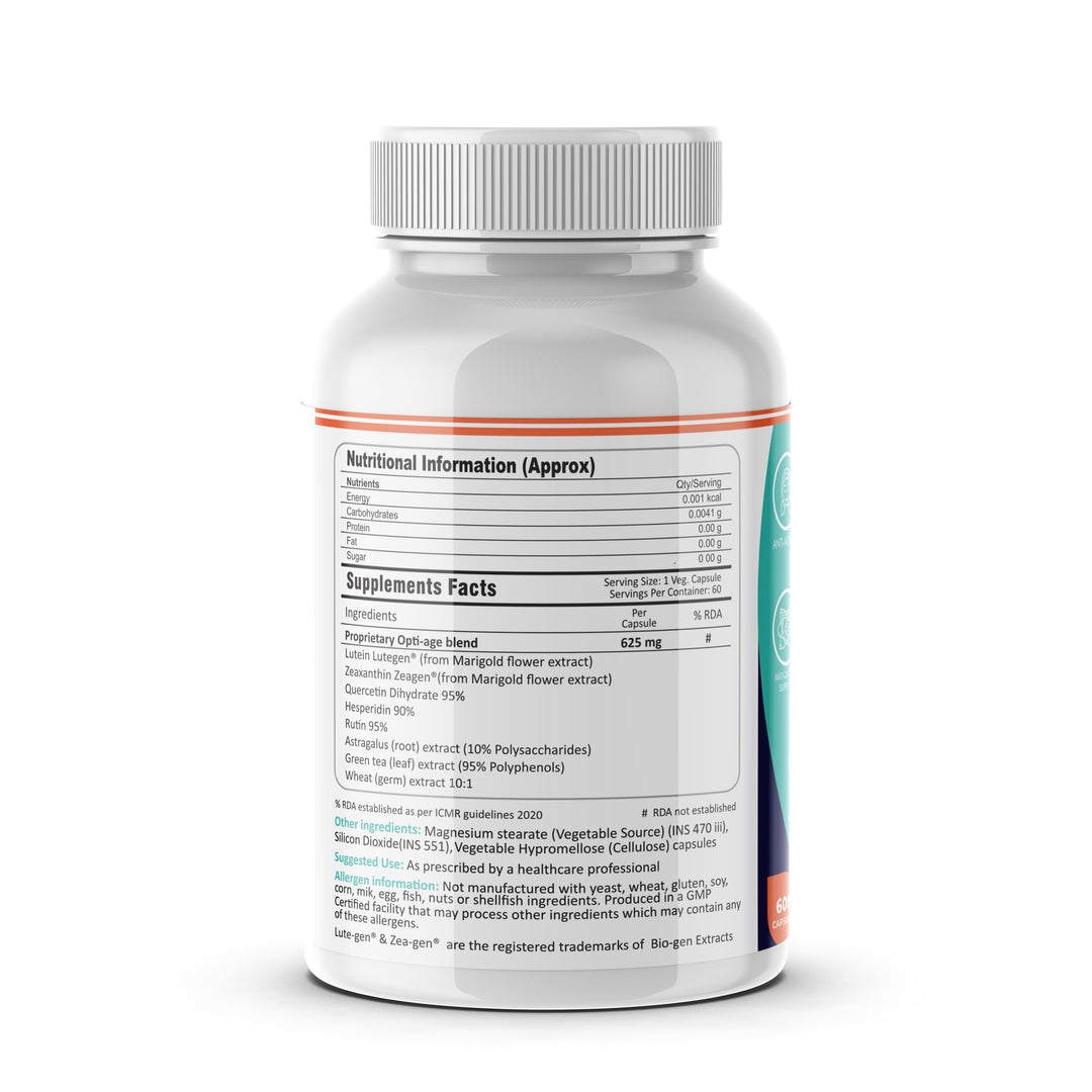 "FM Nutrition Opti-Age I Anti-aging complex I Immune Rejuvenation I Lutein +Zeaxanthin +Quercetin+Hesperidin I Rutin I Astragalus I 60 Veg Capsules "