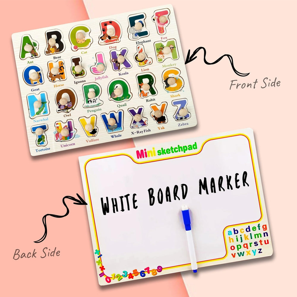 Wudly Toys Wooden Knob & Marker Puzzle Board | Alphabet, Numbers, Animals & Fruits