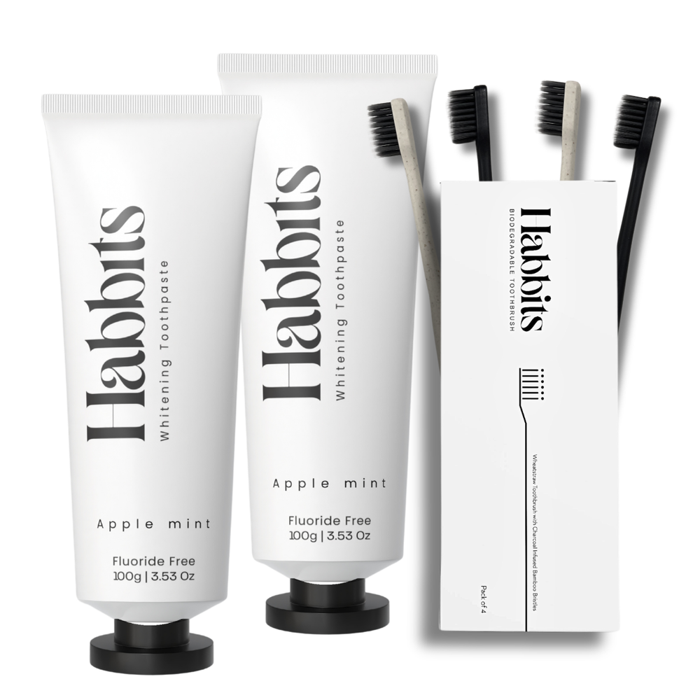 Habbits Natural Oral Care Bundle | 2 Apple Mint Toothpaste (100g Each) + 4 Biodegradable Toothbrushes | Fights Plaque & Bad Breath | Vegan, Enamel-Safe Toothpaste | Fluoride-Free | Vegan | SLS-Free