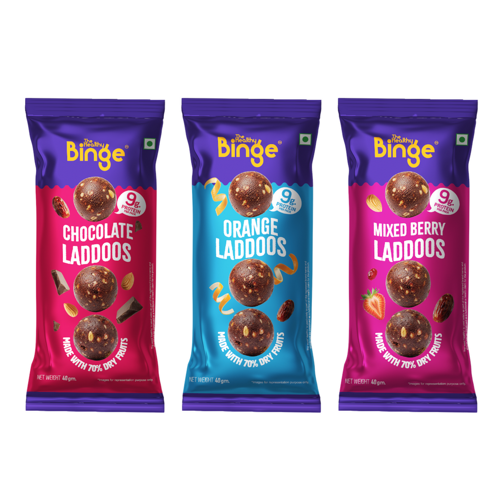 The Healthy Binge Protein Date Laddoos 120g | 9g Protein Per Pack | Protein-Rich Healthy Snack | Assorted Chocolate, Mixed Berry & Orange Flavours | Pack of 3