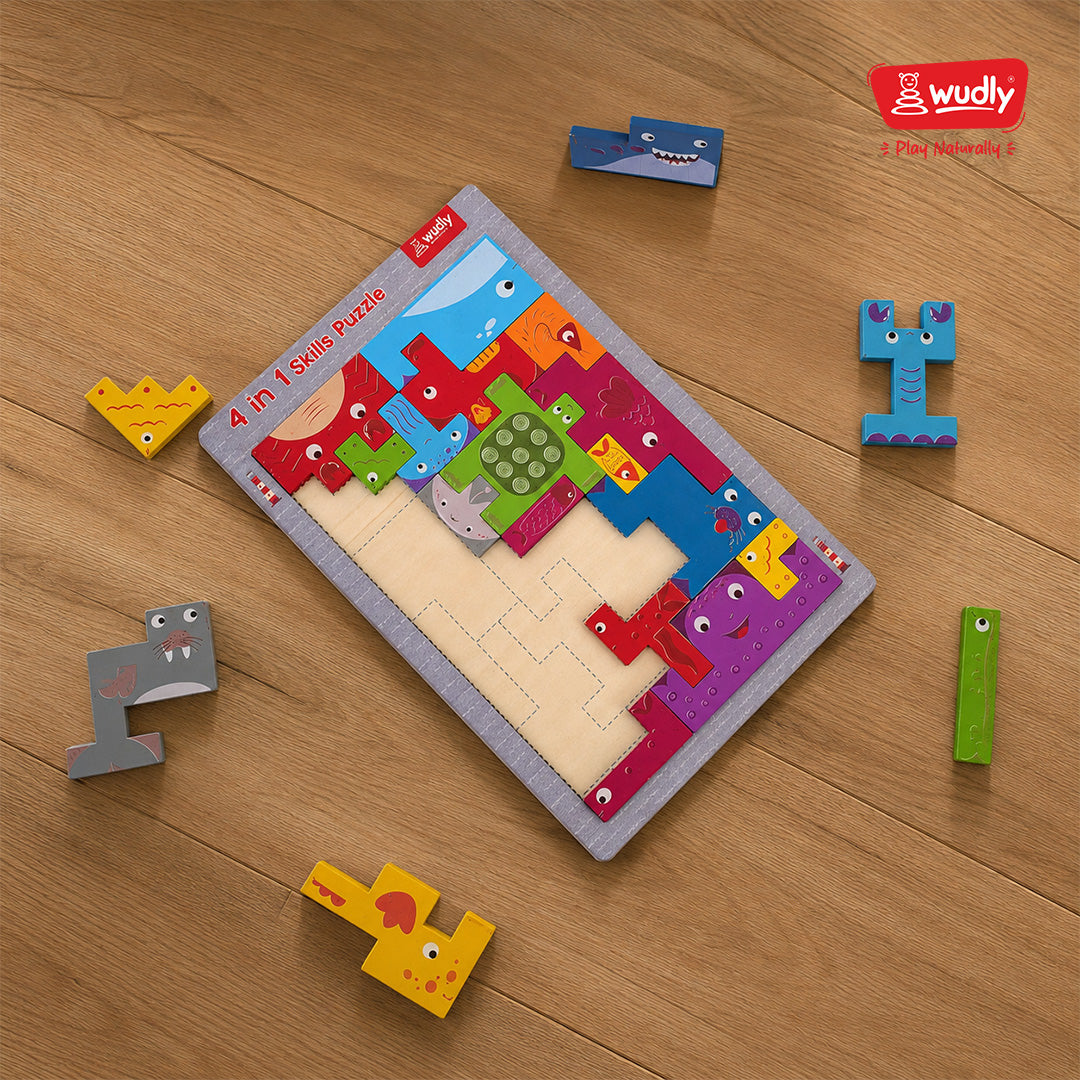 Wudly Toys Wooden 4 in 1 Traffic & Town Puzzle Board | Shape Matching