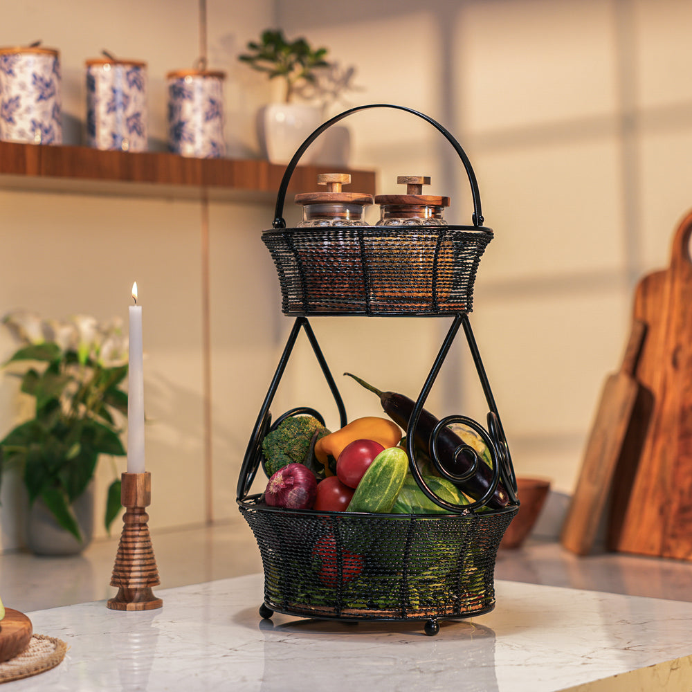 Ireka Homes Swirl Basket – Handcrafted Acacia Wood & Metal Storage Basket – Sturdy 2-Tier Organizer for Fruits, Vegetables & Kitchen Essentials