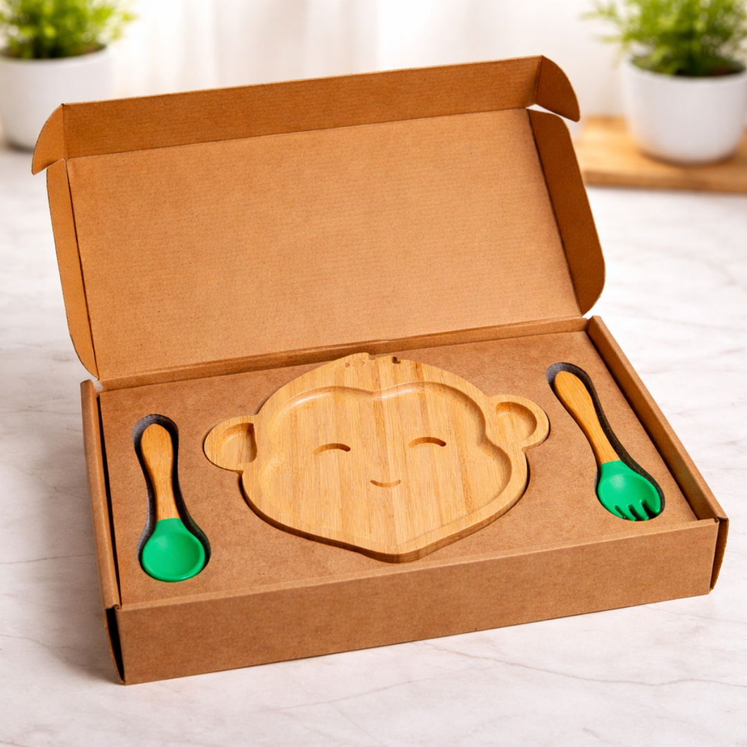 The Bamboo Bae Monkey Shape Bamboo Feeding Plate with Fork & Spoon | Eco Friendly Kids Plate | BPA Free | Safe for Children