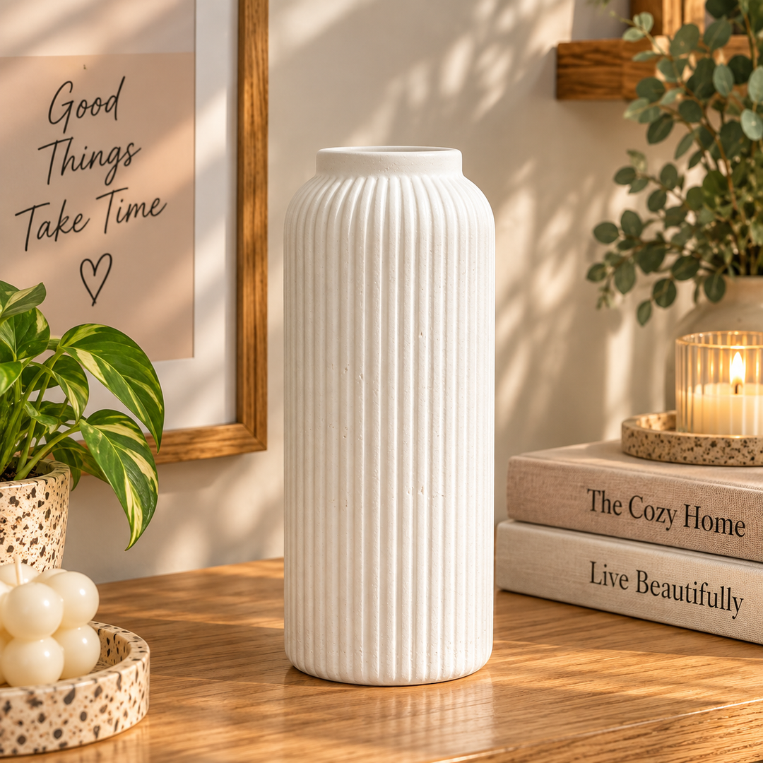 Grande Elegance – Large White Ribbed Ceramic Vase