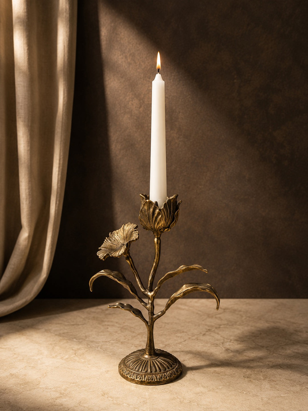 Malar Candle Stand | Blooming Tulip Brass Taper Candle Holder | Gold Brass Finish | Pravaah 
