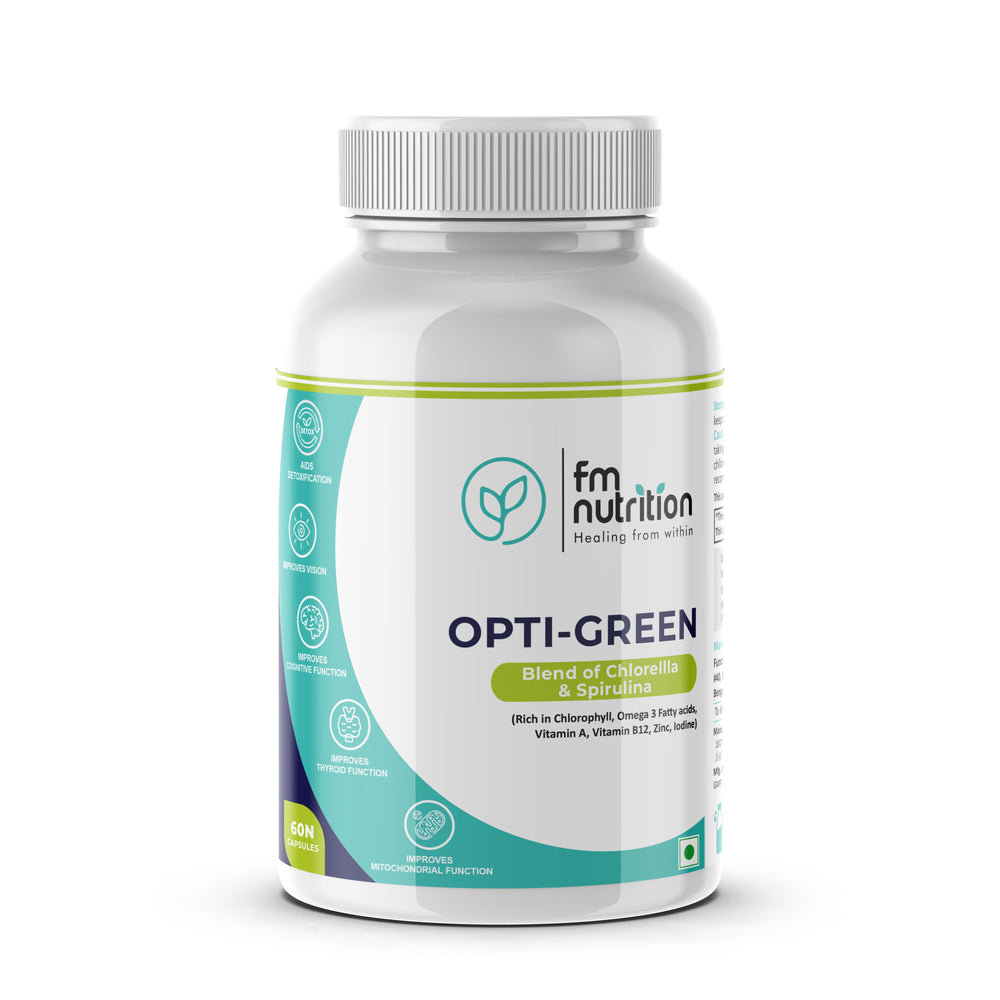 FM Nutrition Opti-Green I Chlorella & Spirulina I Natural Binder I Plant protein I Heavy Metal Detox I Rich in Omega 3 I Mitochondrial Health Booster I Vegan I 60 Capsules