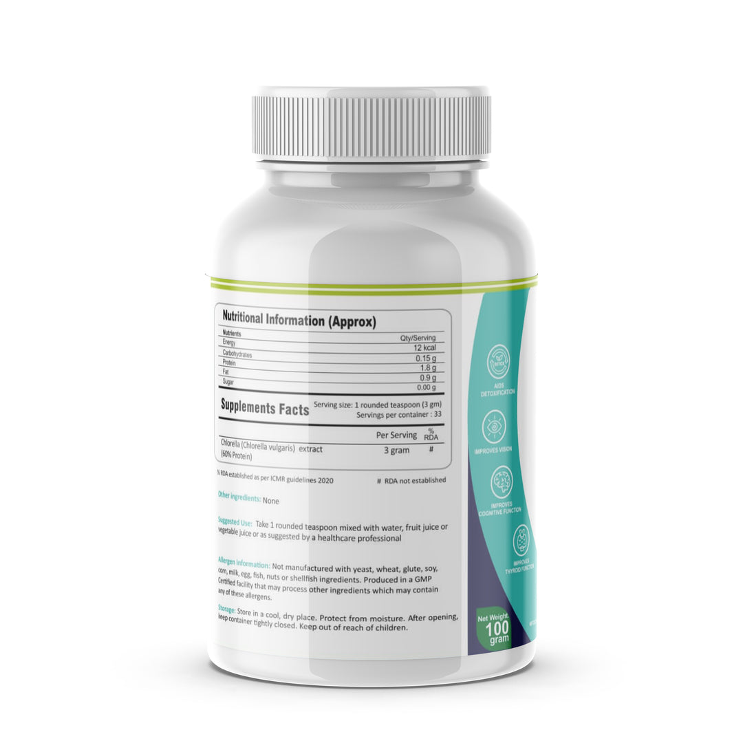 FM Nutrition Chlorella I Natural Binder I Plant protein I Heavy Metal Detox I Rich in Omega 3 I Mitochondrial Health Booster I Vegan I Non-GMO I 100gm powder 