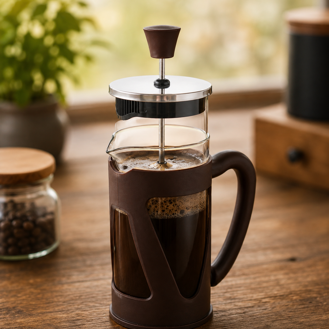 The Bean Co Roasters French Press Coffee Maker - 350 ml | Heat Resistant Borosilicate Glass | Stainless Steel Plunger with Reusable Mesh Filter | Dark Brown