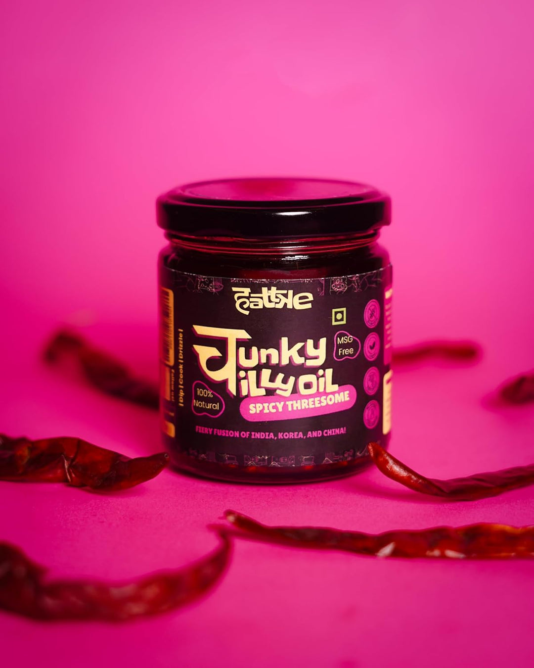 Hattke Chunky Chilli Oil Spicy Threesome 175gm | 100% Vegetarian | Natural & Fresh Ingredients | No Preservatives | Vegan | No Artificial Colours or Flavours | Chilli Paste