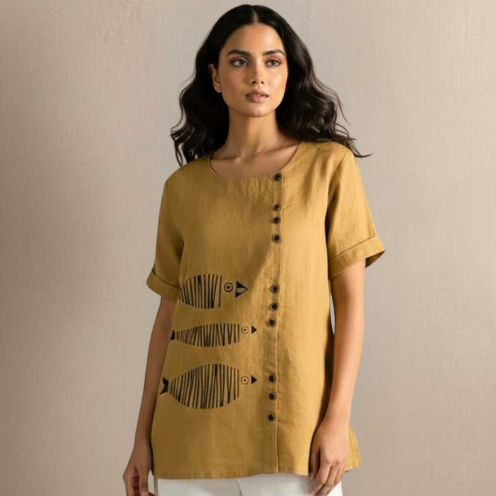 Mustard Slub Cotton Tunic | Hand Painted Fish Motif | Sustainable Wear