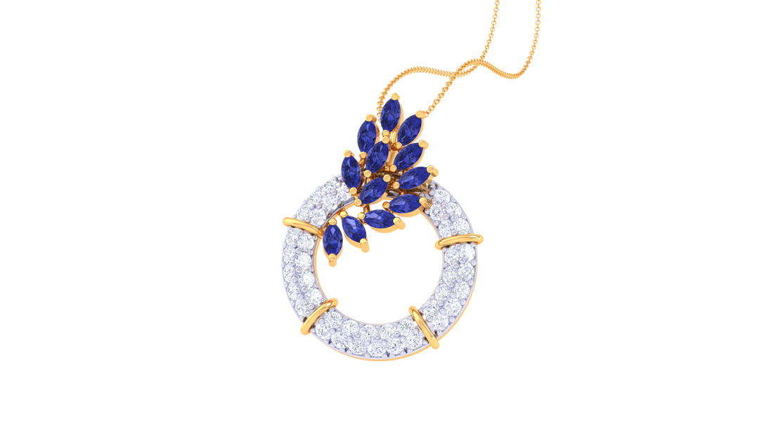 Diamond By Tilesh Sapphire Leaf Wreath Pendant – Marquise Cut Stones with Diamond Halo