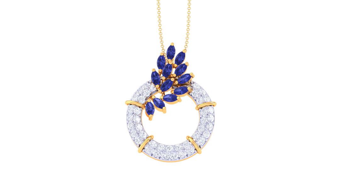 Diamond By Tilesh Sapphire Leaf Wreath Pendant – Marquise Cut Stones with Diamond Halo