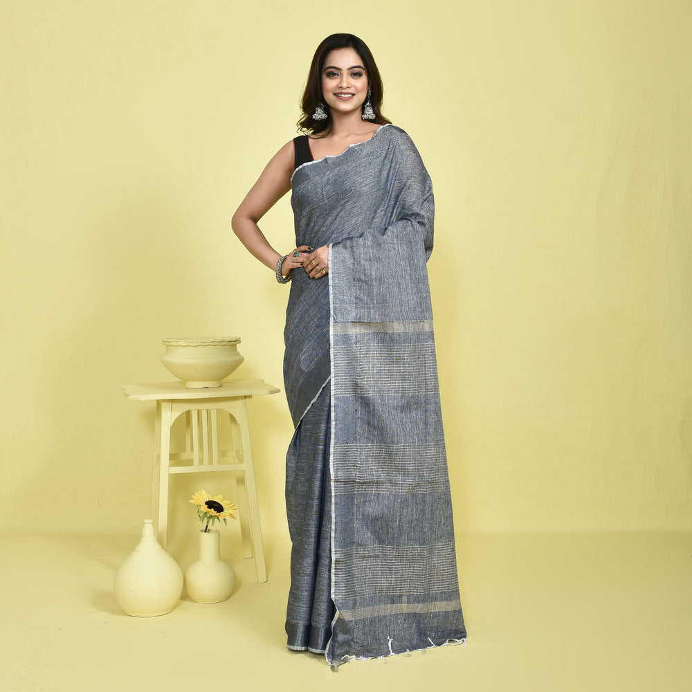 Grey Pure Linen Saree with Metallic Border