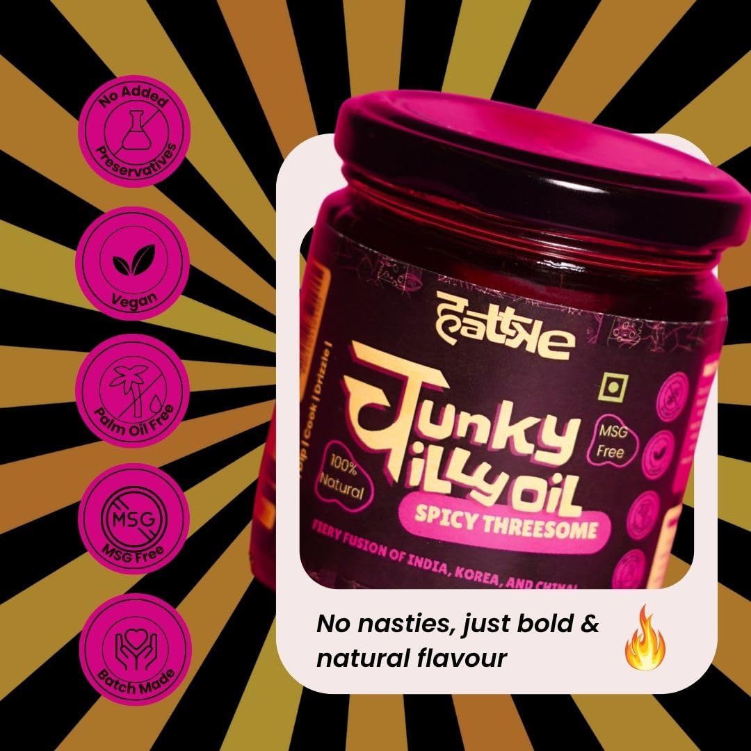 Hattke Chunky Chilli Oil Spicy Threesome 175gm | 100% Vegetarian | Natural & Fresh Ingredients | No Preservatives | Vegan | No Artificial Colours or Flavours | Chilli Paste
